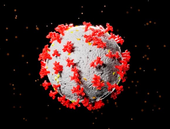 3D illustration of corona virus coronavirus COVID-2019 in microscope Anglia accelerează programele de vaccinare din cauza noii variante COVID-19!