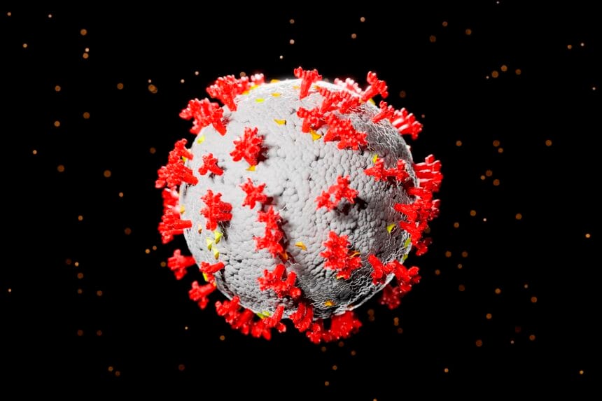 3D illustration of corona virus coronavirus COVID-2019 in microscope Anglia accelerează programele de vaccinare din cauza noii variante COVID-19!