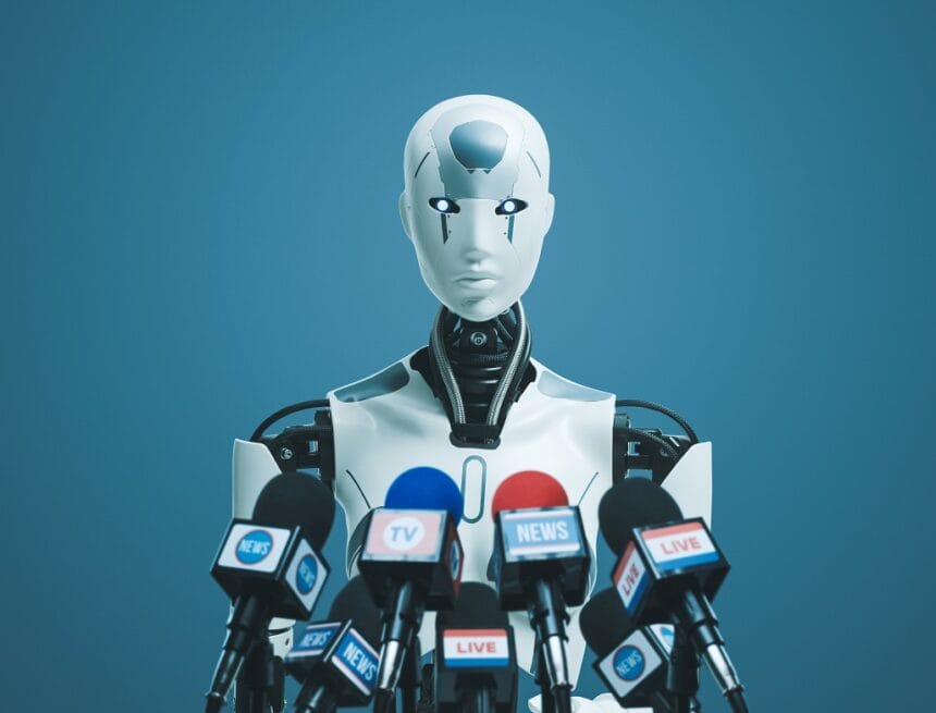 Android AI robot speaking at the press conference Inteligenta artificiala (IA) a devenit o forță tot mai prezentă și influentă în societatea modernă – Inclusiv în politică