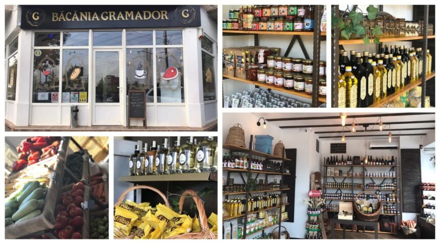 Băcănia Gramador din București – vitrina și rafturile cu produse românești
