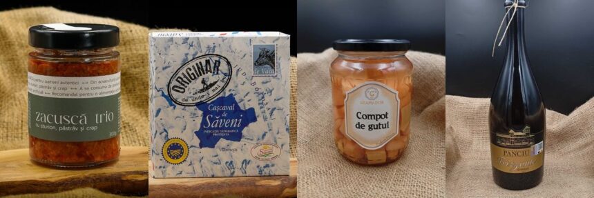 Produse de la producători locali din Băcănia Gramador: zacuscă trio, cașcaval de Săveni, compot de gutui și vin Frizzante